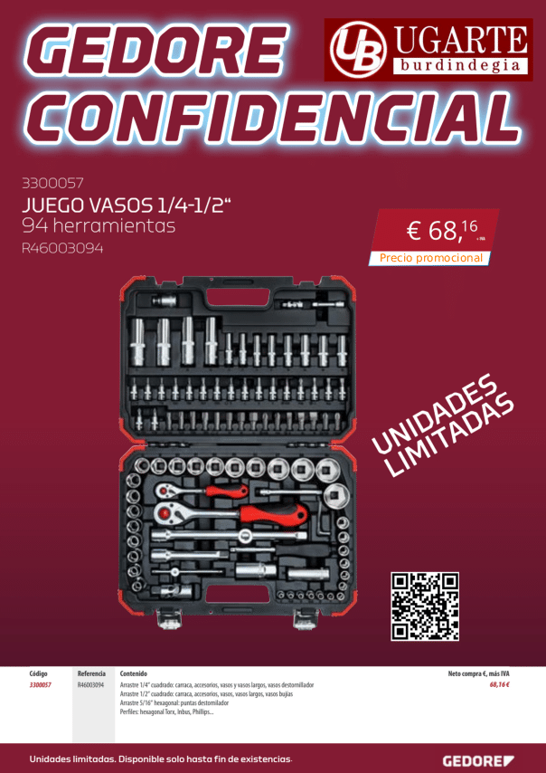 Juego vasos 1/4-1/2" (94 herramientas) Promoción Gedore