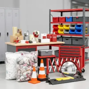Equipamiento de taller almacenamiento y obra con todo tipo de productos de señalización, balizamiento, limpieza, cintas adhesivas, embalaje, mobiliario metálico y almacenamiento.